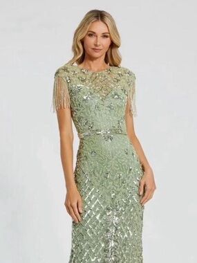 Mac Duggal Sage Beaded Fringe Cap Sleeve Maxi Gown
